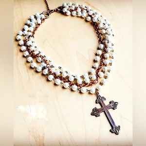 Pearl And copper Necklace W/copper Cross